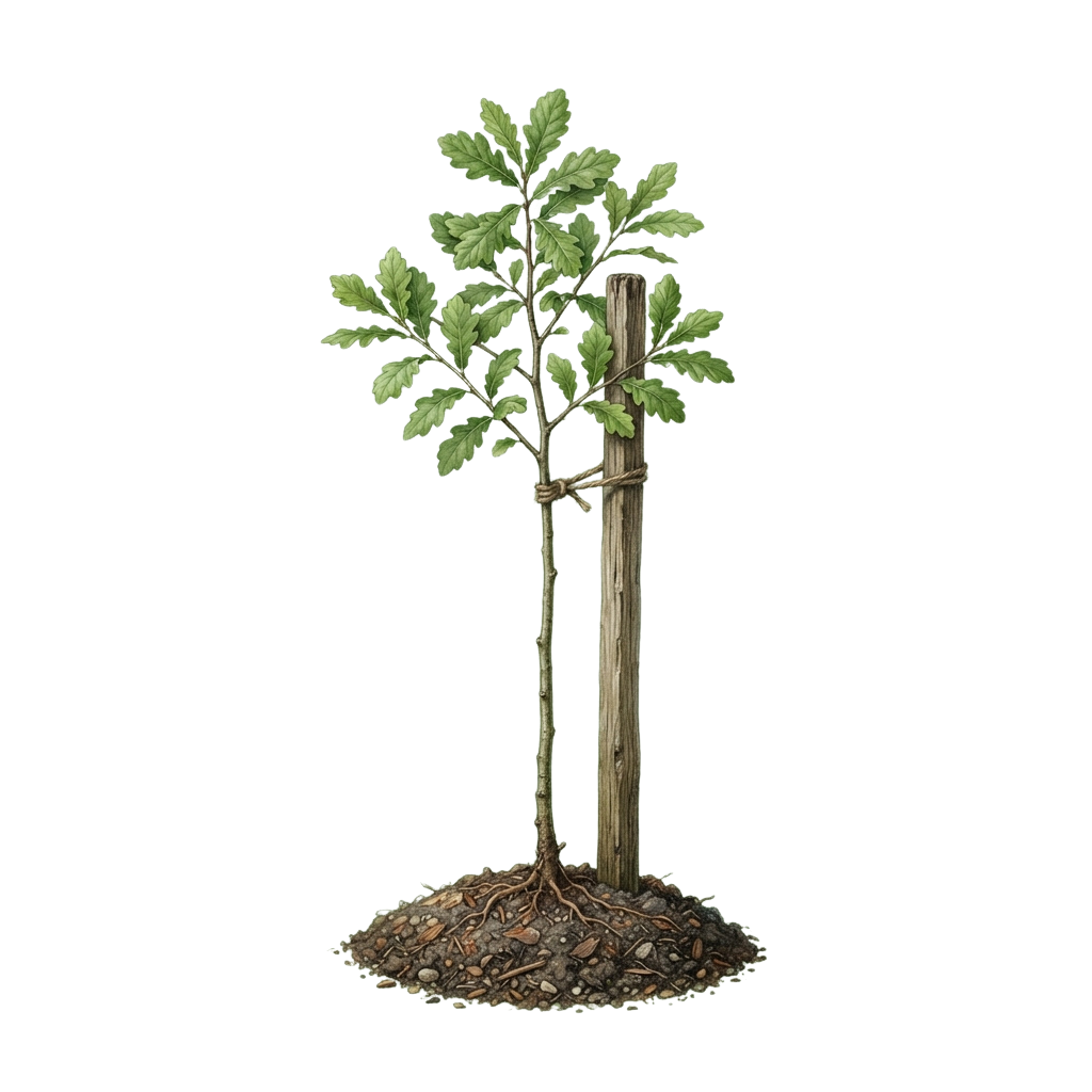 A young tree sapling secured with twine between two wooden stakes in soil with visible roots.