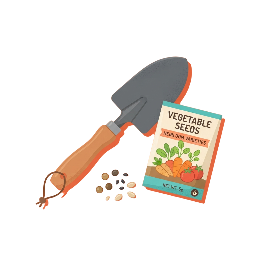 Illustration of a trowel, seed packet labeled vegetable seeds heirloom varieties, and scattered seeds.
