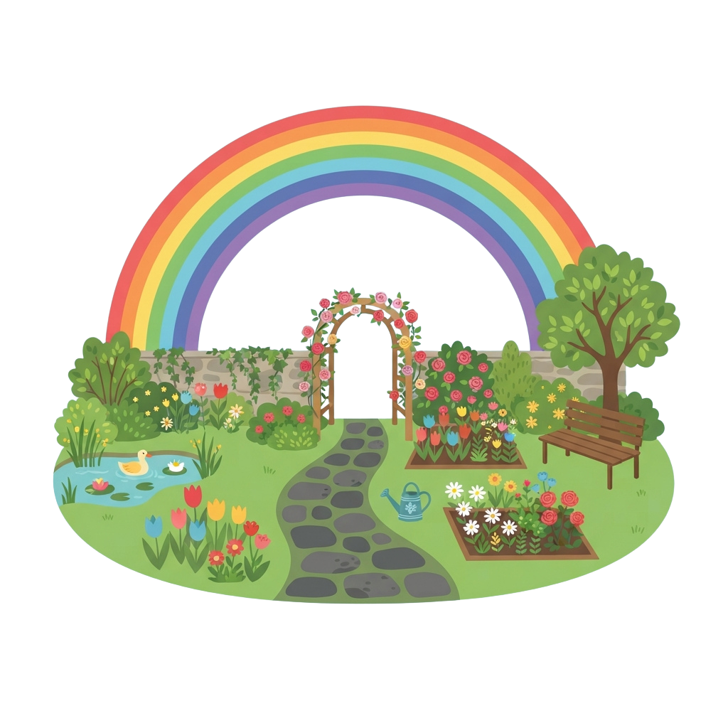 A colorful garden scene featuring a stone pathway, rainbow archway covered in flowers, blooming flowerbeds, a pond with a duck, and a wooden bench.