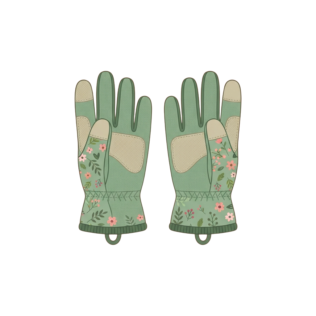Pair of light green gardening gloves with floral embroidery and mesh palm sections.
