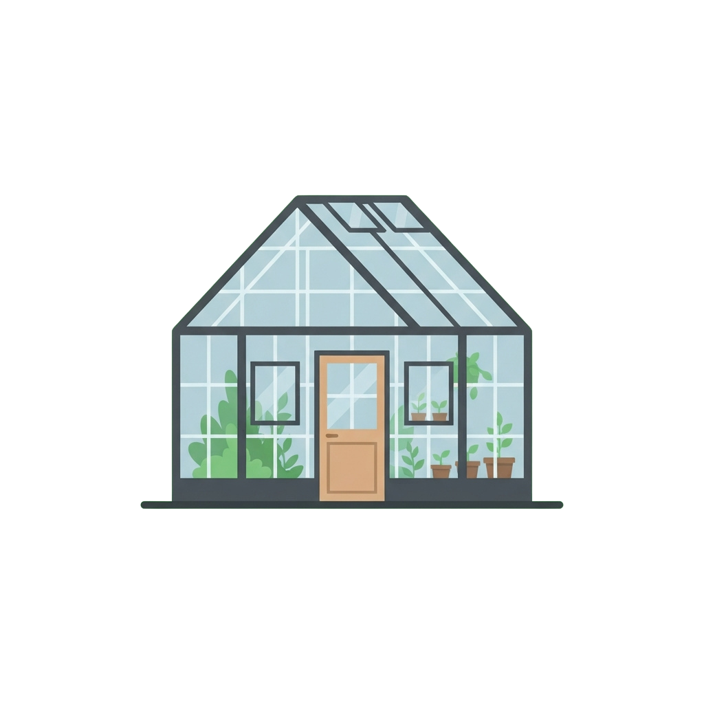 Illustration of a glass greenhouse featuring plants inside and a wooden door entrance