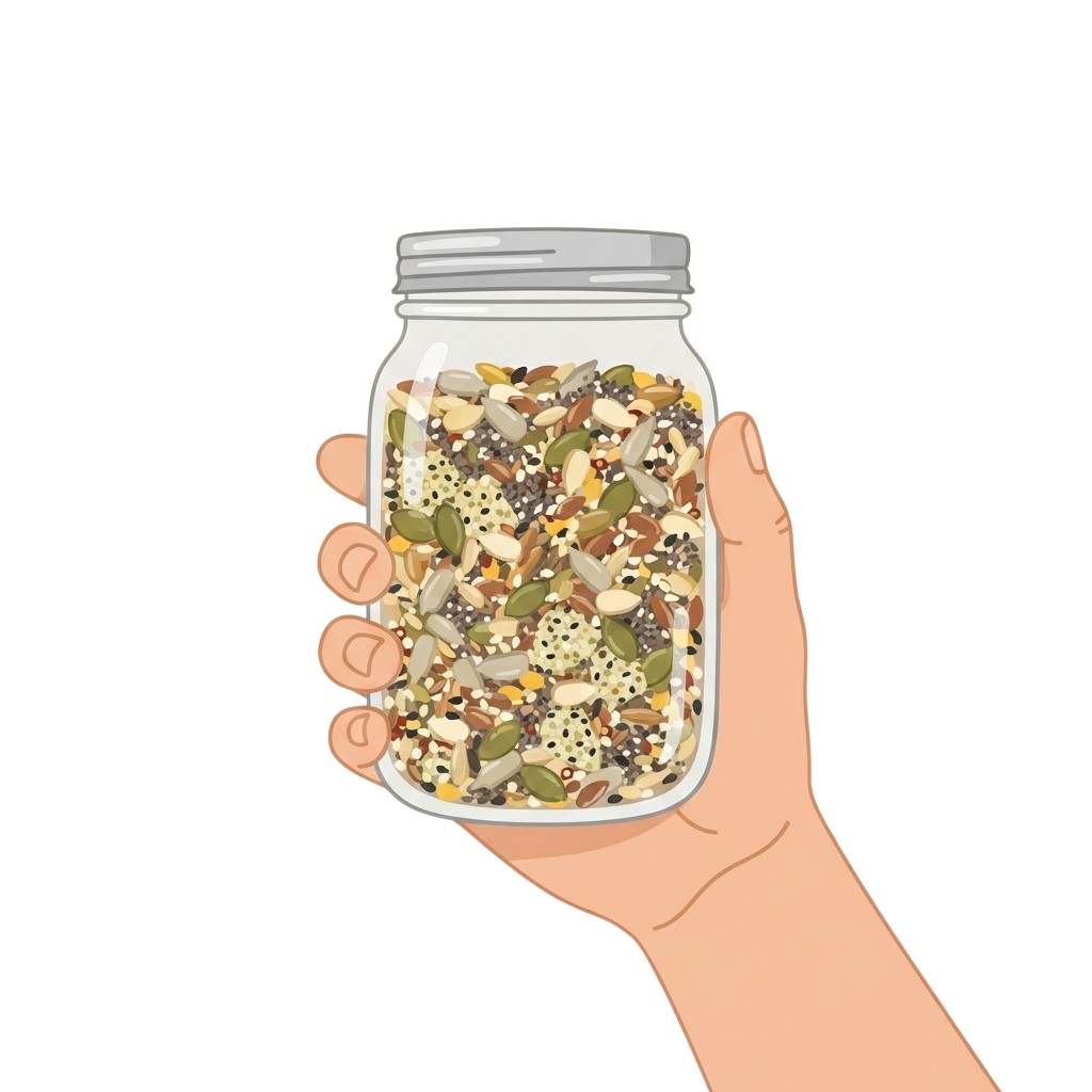 A hand holding a clear jar filled with a variety of mixed seeds and nuts.