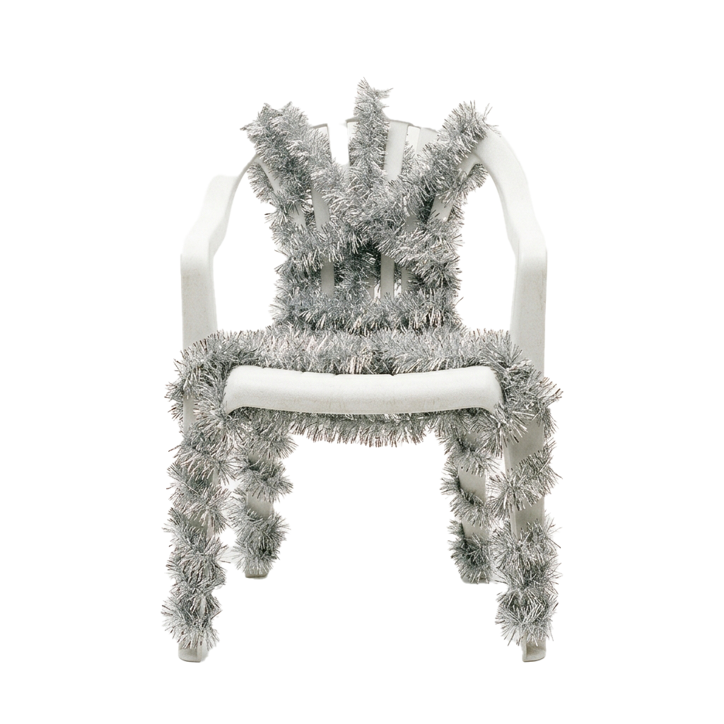 A white chair with a fluffy, fur-like material covering the seat, backrest, and armrests, giving it a textured appearance.