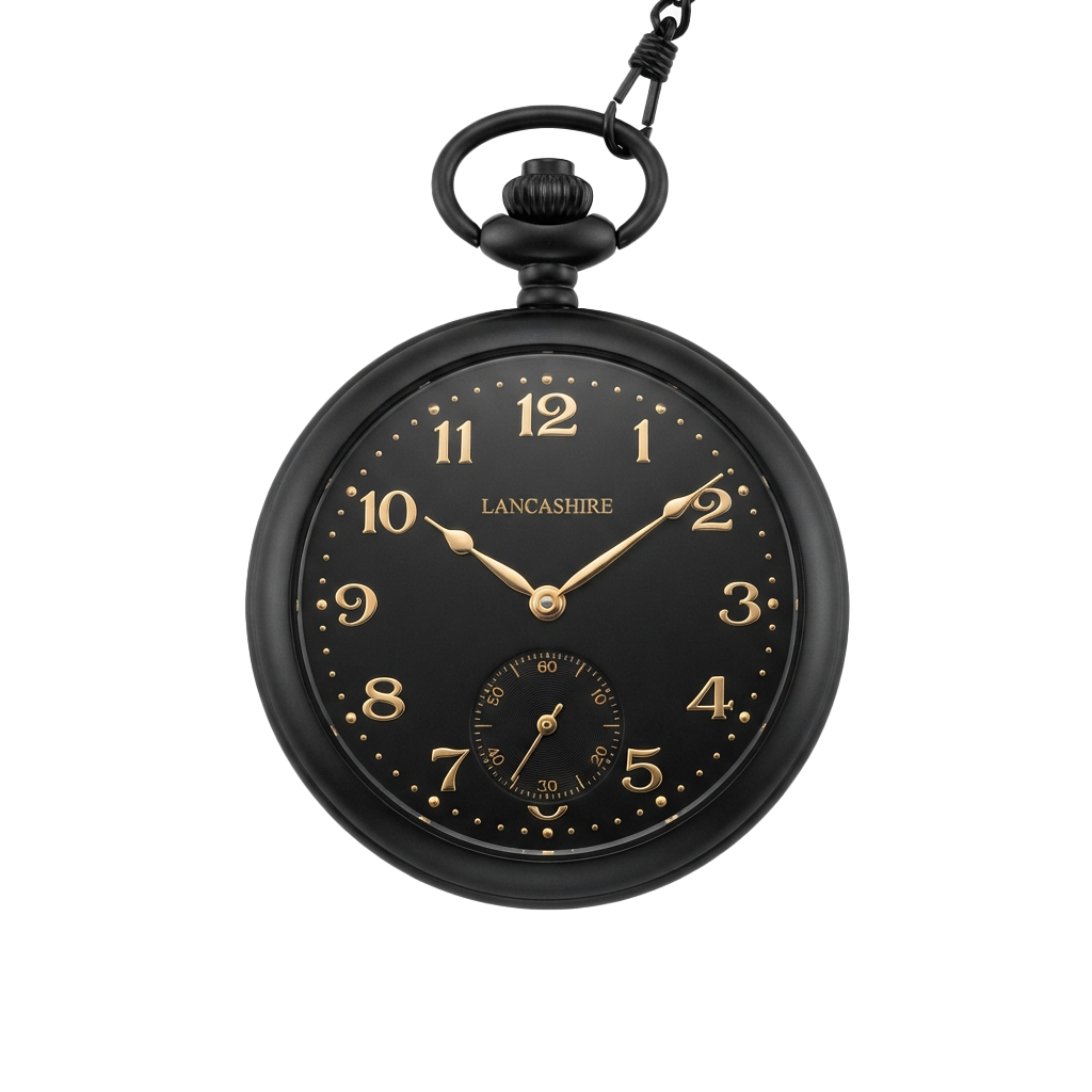 Black pocket watch with gold hour and minute hands, subdial, and brand name Lancashire on the face