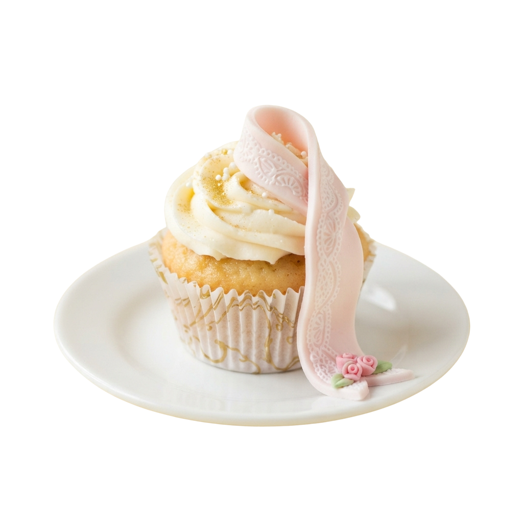 A cupcake with white frosting, pink ribbon, and a small flower on a white plate