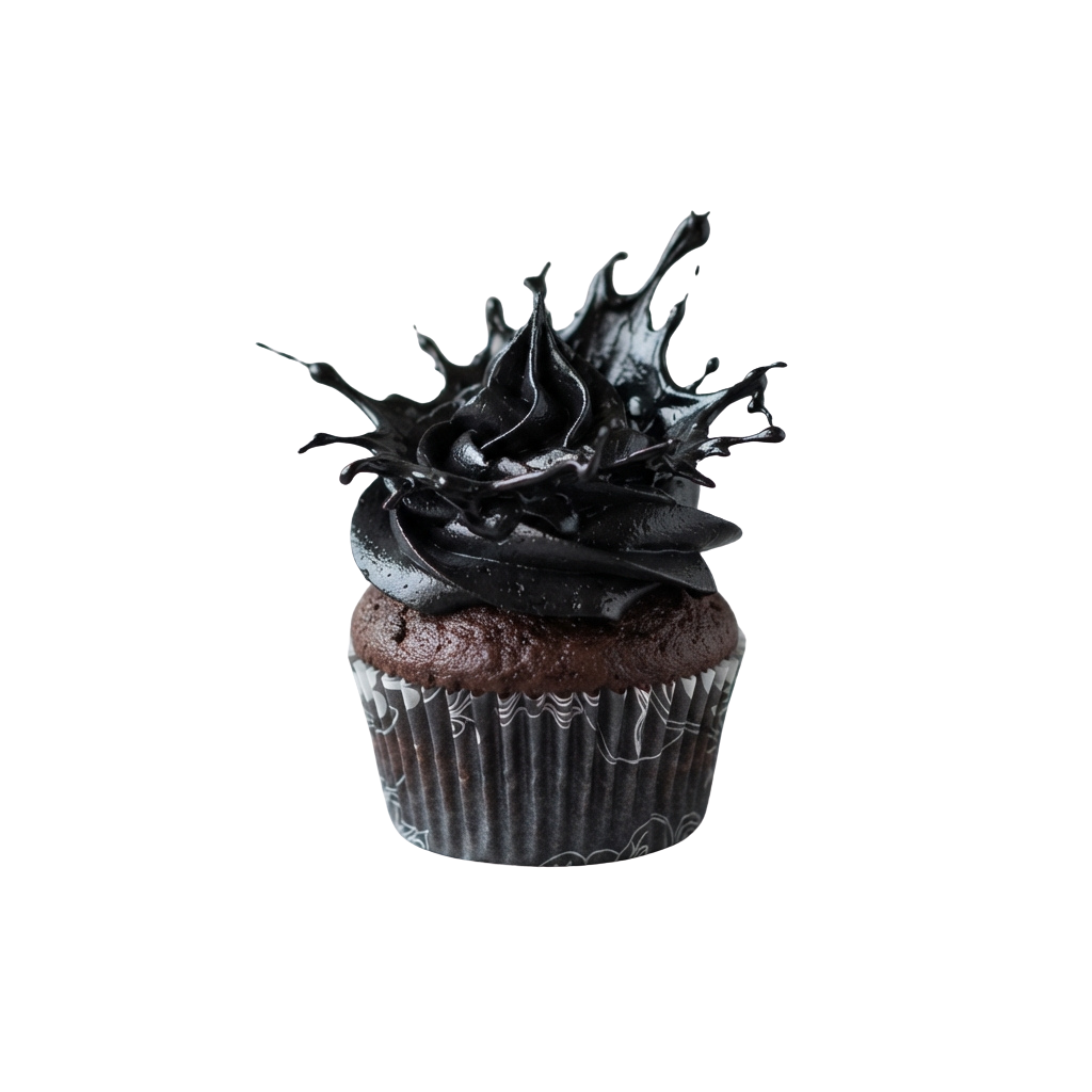 A cupcake with dark chocolate frosting and black decorative swirls on top