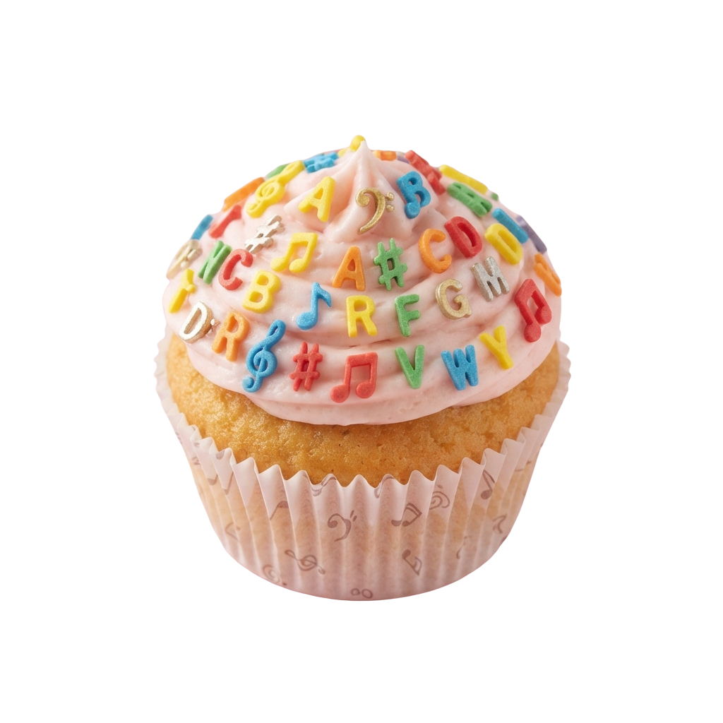 Cupcake topped with pink frosting and colorful letters and musical notes on a white paper liner