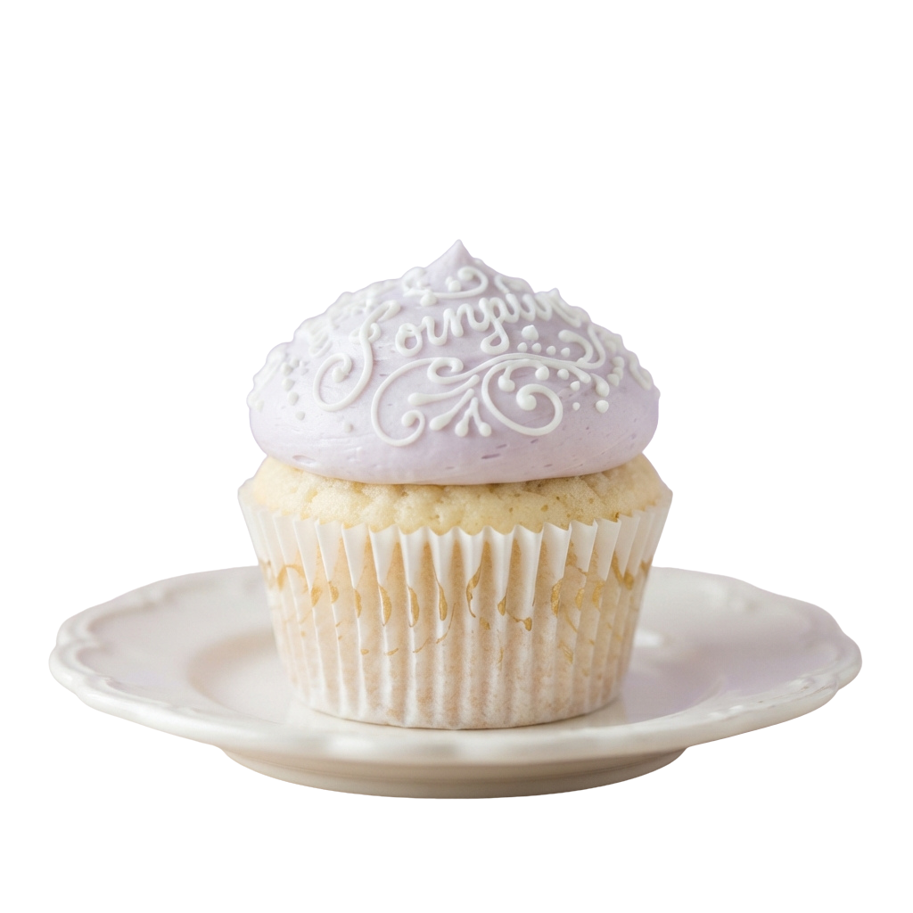 A single vanilla cupcake with white swirled frosting and decorative piping on a white plate