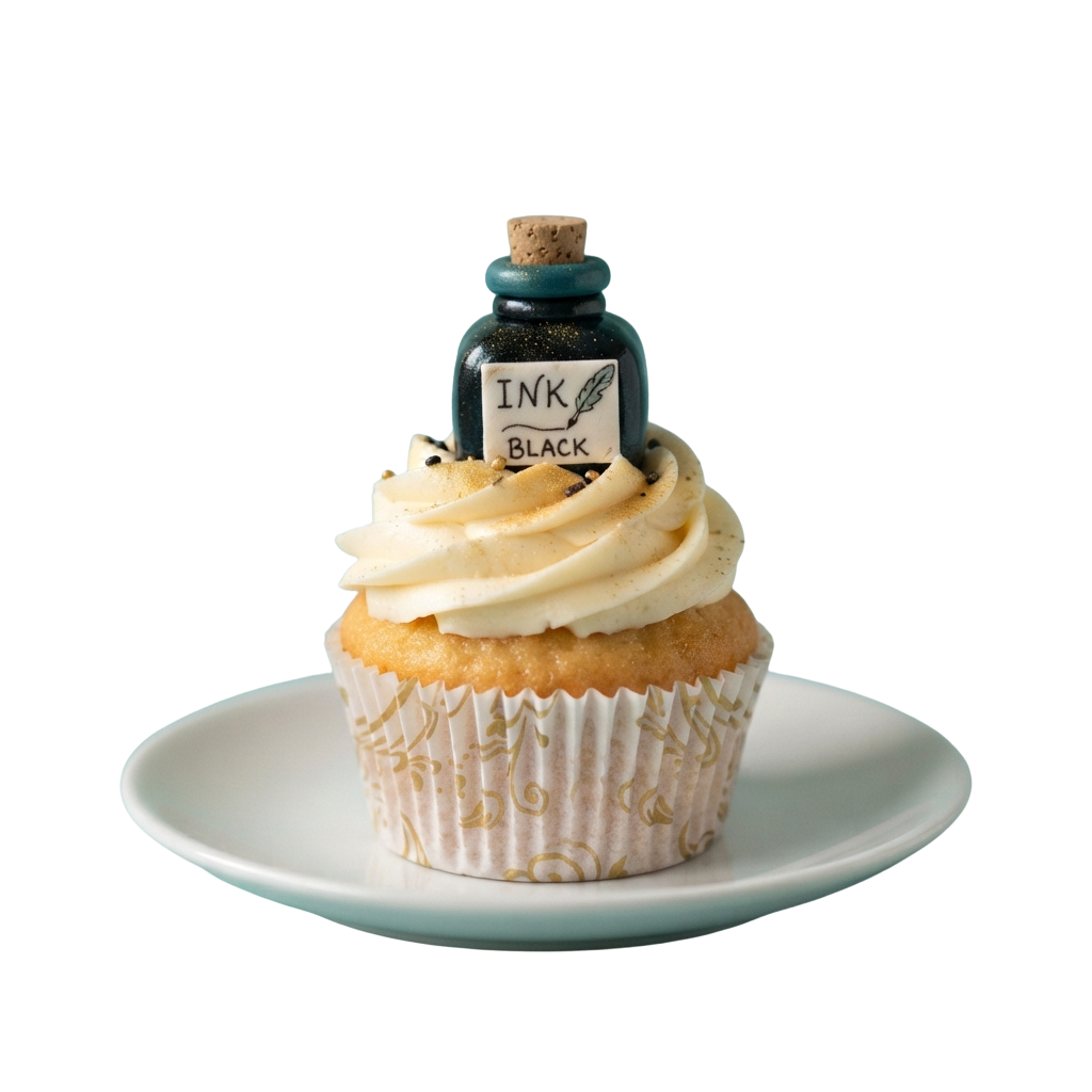 A cupcake with cream frosting and an ink bottle topper labeled Ink Black on a white plate.