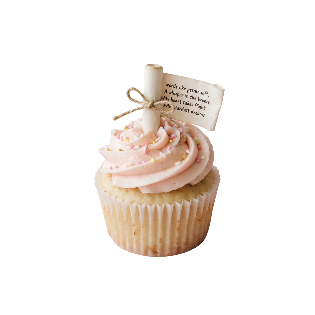 A pink-frosted cupcake with swirled icing and colorful sprinkles, topped with a small tag tied to a stick featuring poetic text