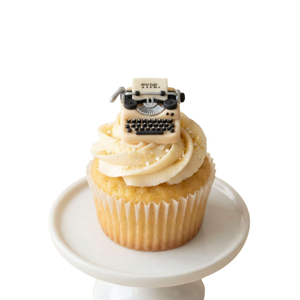 A cupcake with pale yellow cream frosting and a small typewriter decoration on top