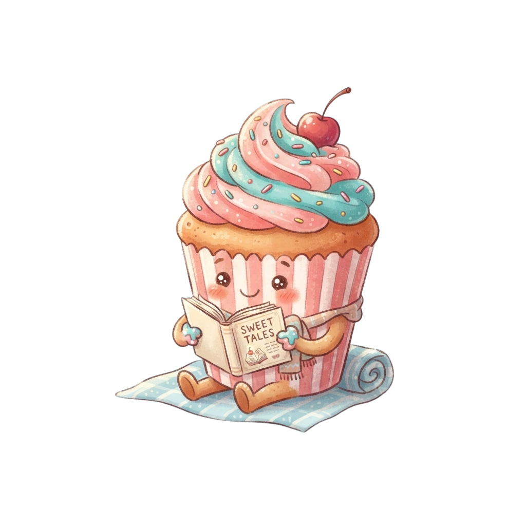 Animated cupcake with face and arms reading a book titled Sweet Tales, sitting on a blue cloth