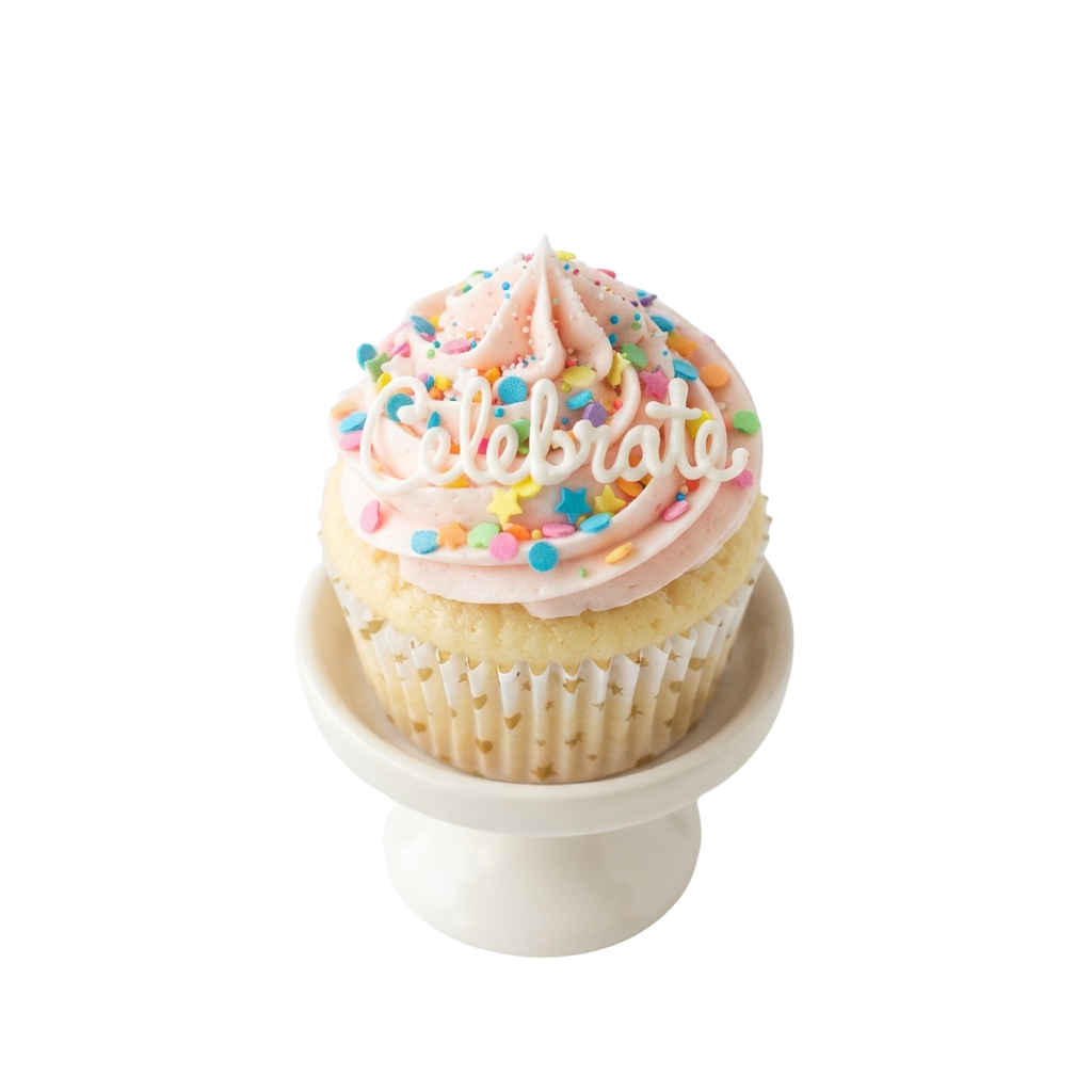 A cupcake topped with pink frosting, colorful sprinkles, and the word celebrate written in white icing