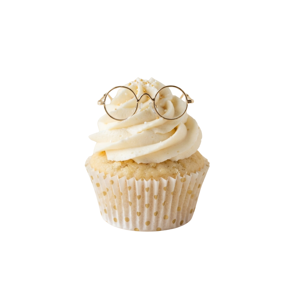 A cupcake topped with white frosting and a pair of round glasses decoration.