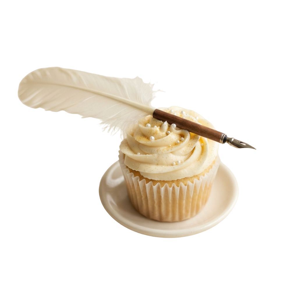 A cupcake with cream frosting topped with a feather and quill prop