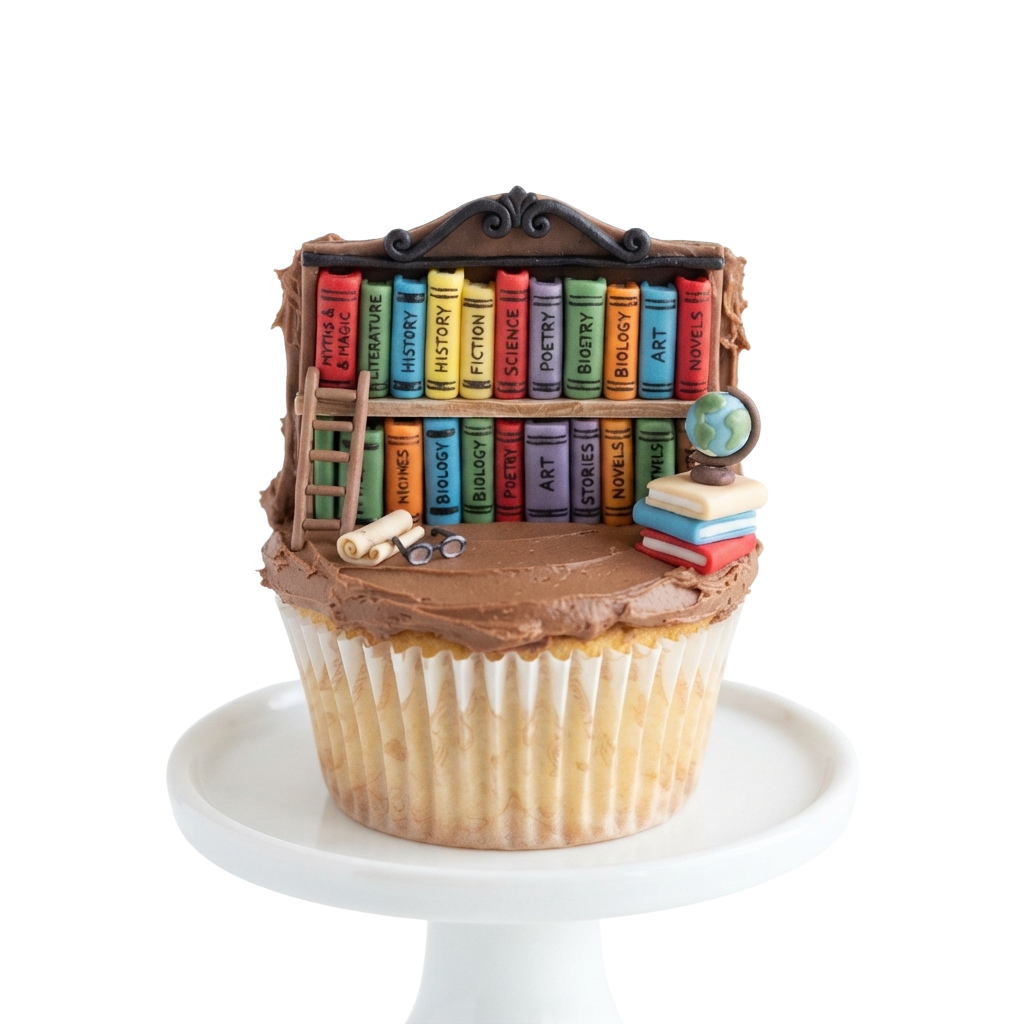 Cupcake decorated with a miniature bookshelf filled with colorful books and a globe.