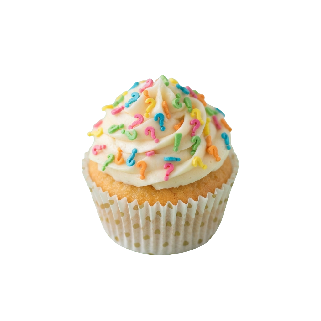 A single cupcake topped with white vanilla frosting and rainbow sprinkles in a white paper liner