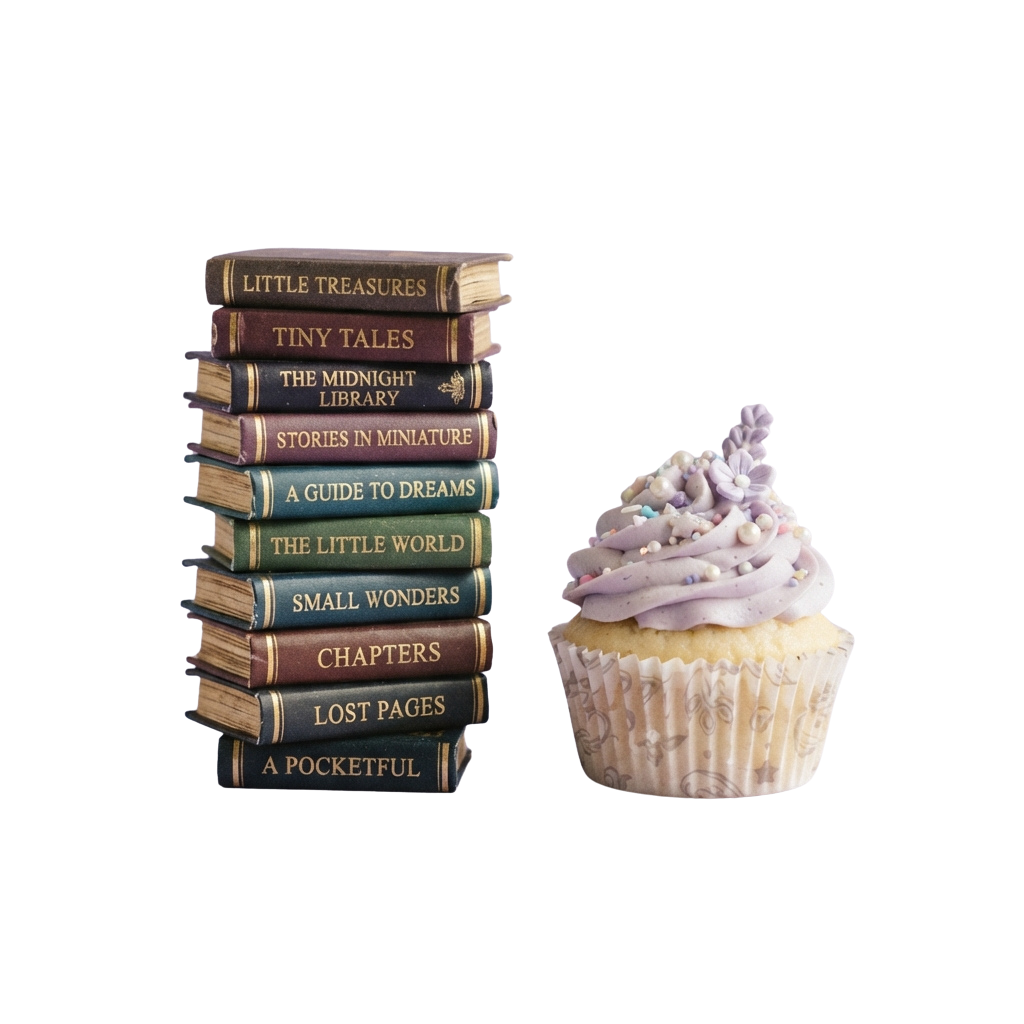 Stack of small vintage-style books next to a purple-frosted cupcake with white swirls and a decorative topper