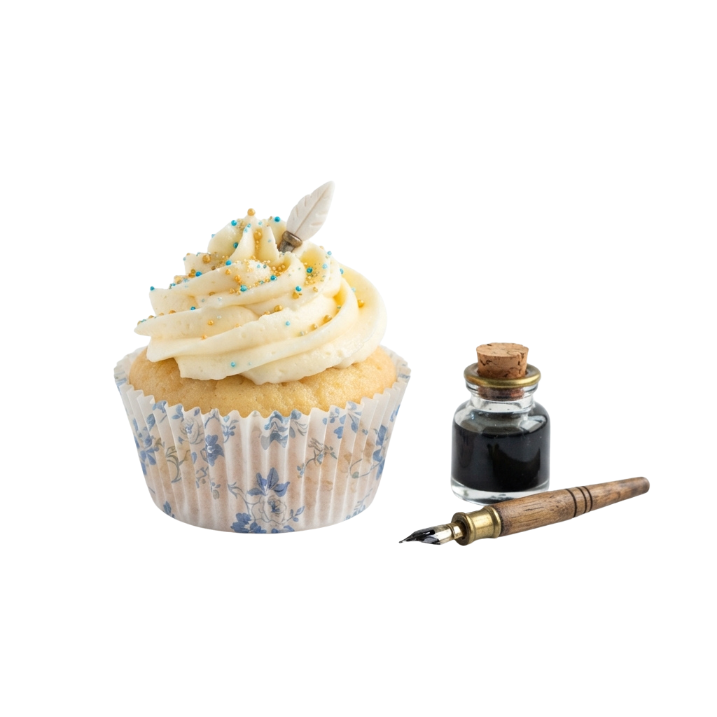 Cupcake with swirled frosting, a feather decoration, and an ink bottle with quill beside it