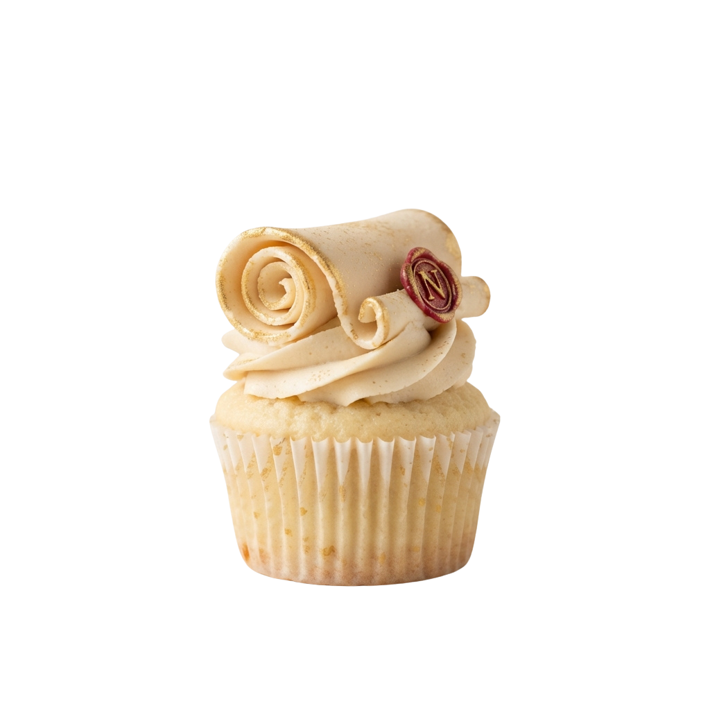 A light-colored cupcake topped with swirled frosting and a decorative rose made of frosting.