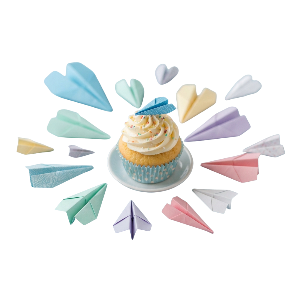 Cupcake with swirled frosting and paper airplane decorations in pastel colors around it