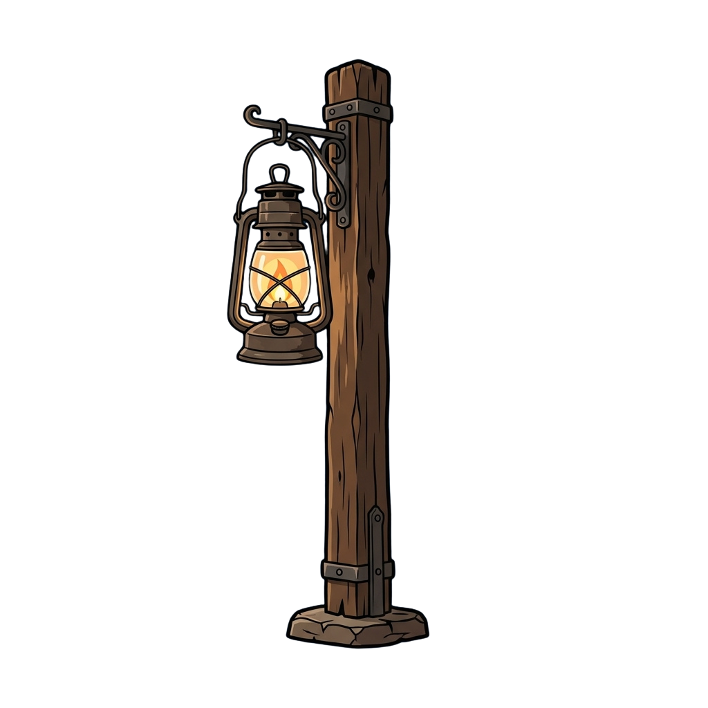 Illustration of a lit vintage lantern hanging on a wooden post with metal fittings