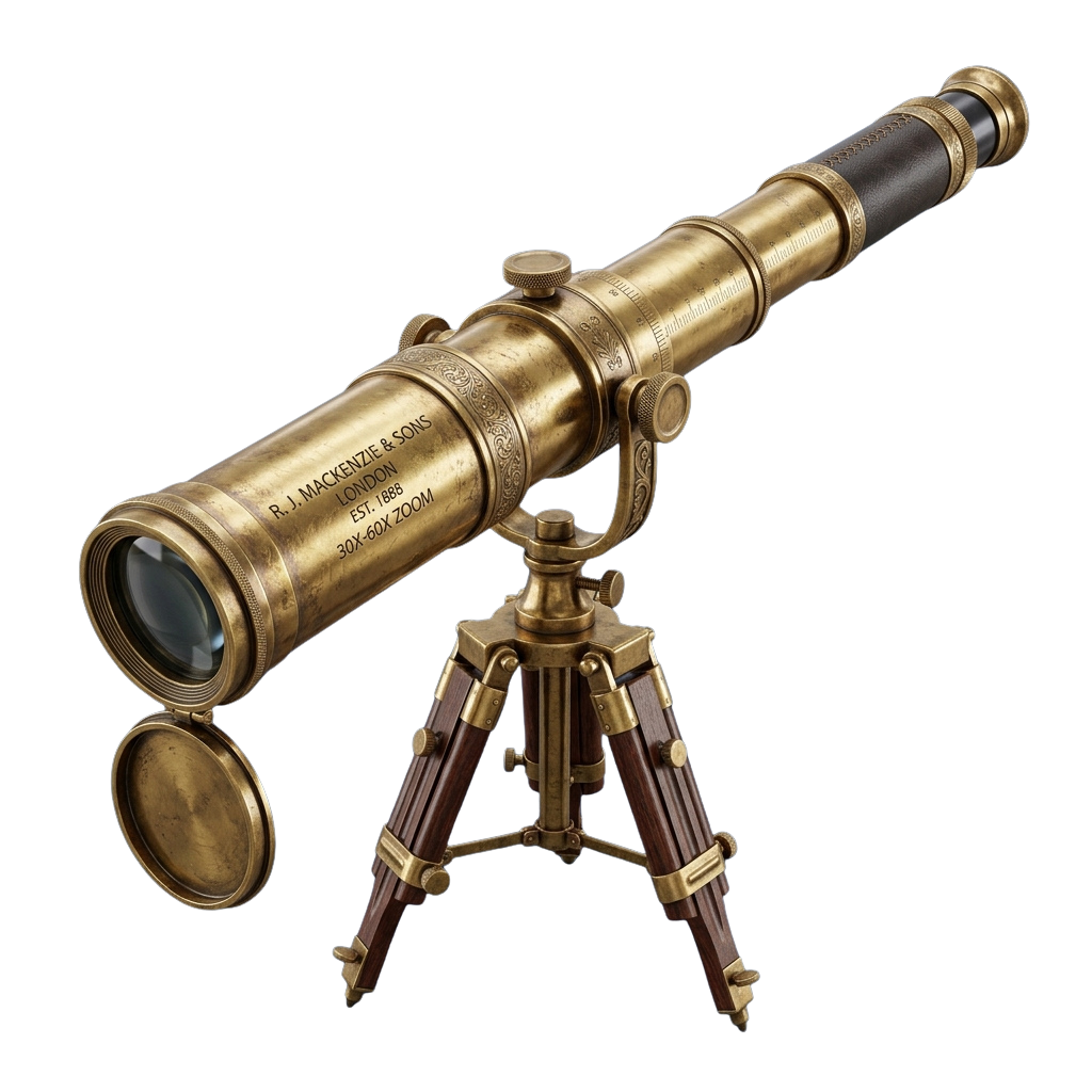 A vintage brass telescope with a wooden tripod, showing intricate engravings and a lens cover.