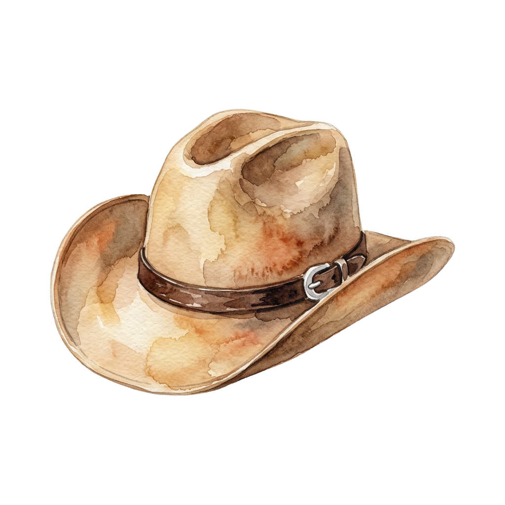 Watercolor illustration of a light beige cowboy hat with a brown band and silver buckle