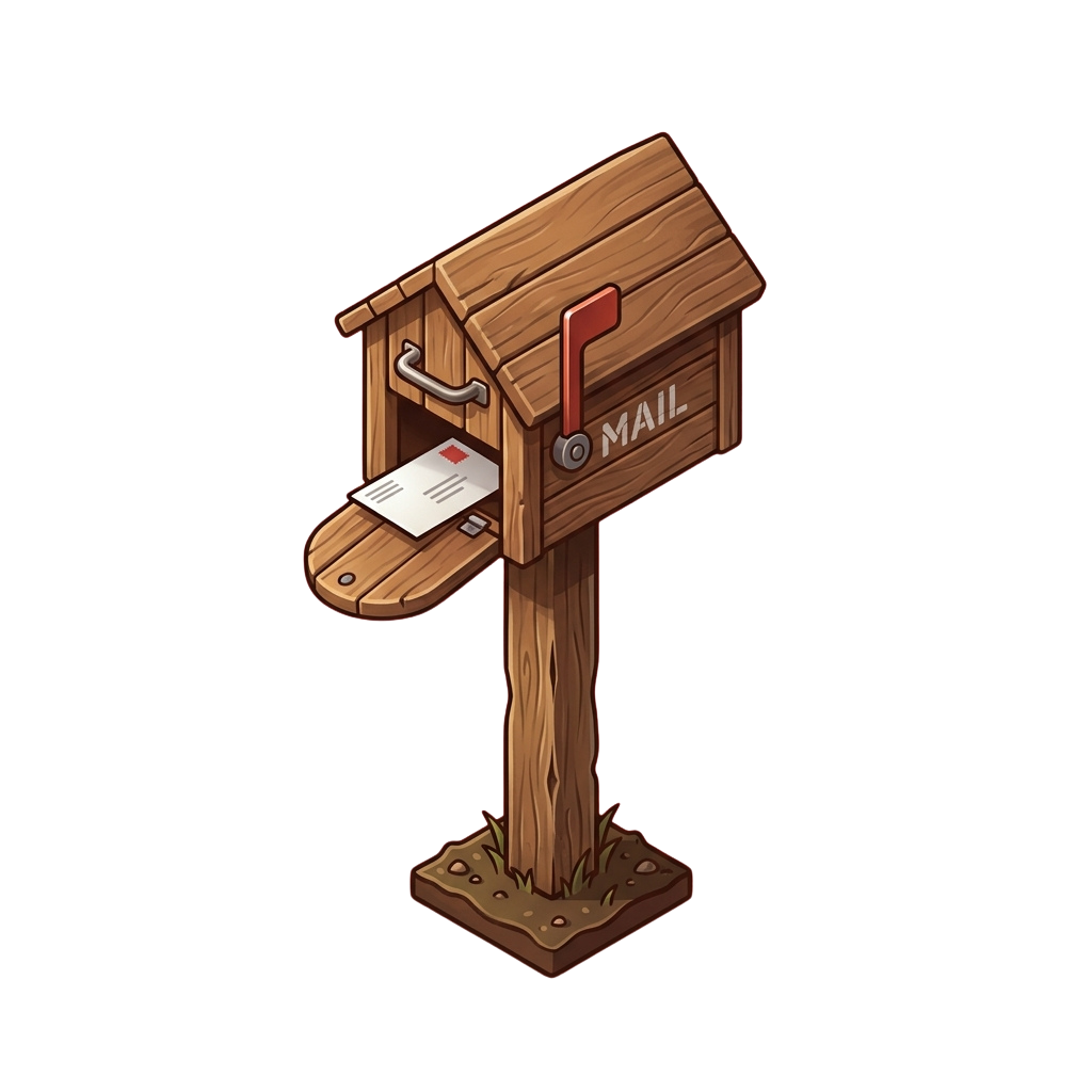 A rustic wooden mailbox standing on a post with a letter inside and a red flag up