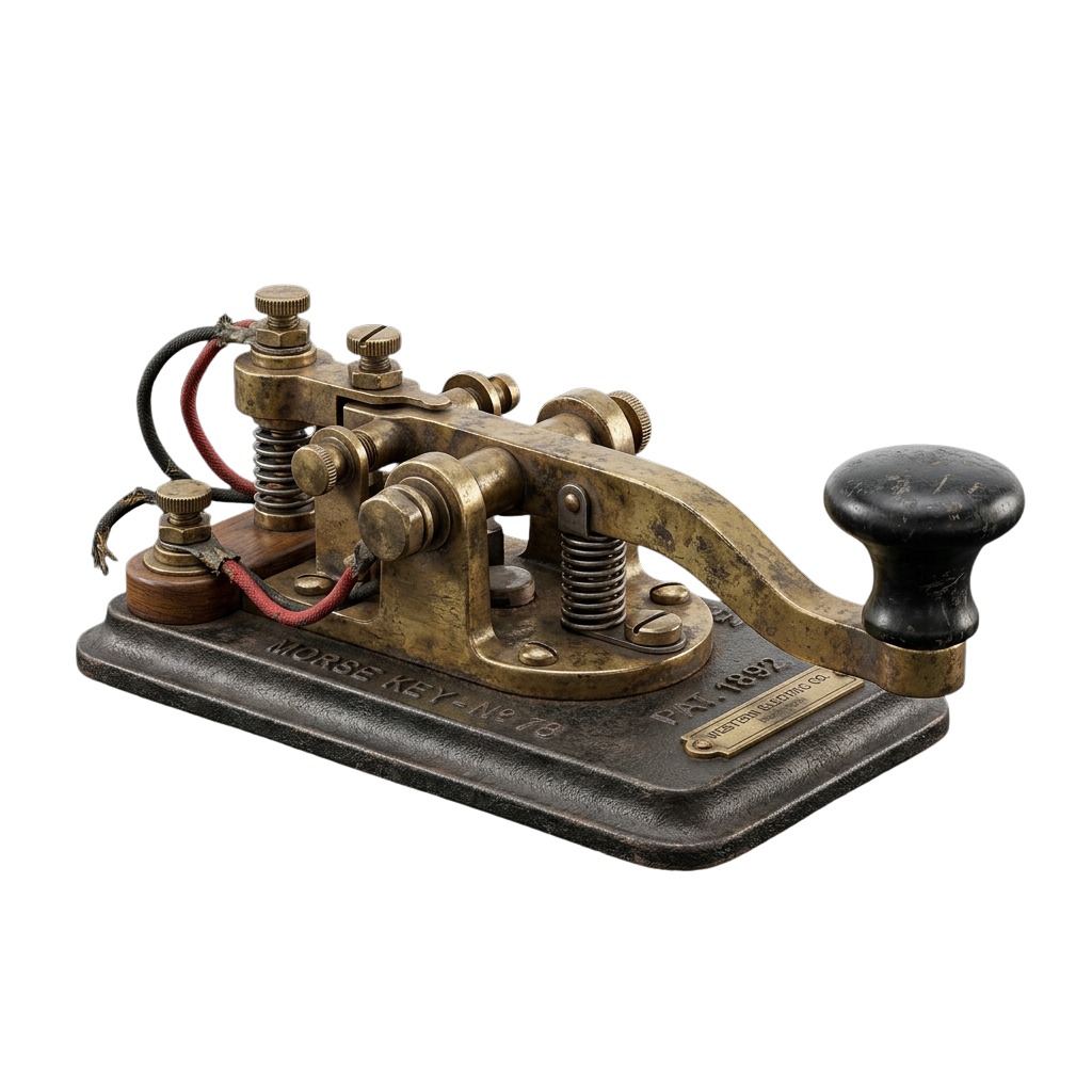 Antique brass and black Morse code telegraph key with springs and lever on a base plate.