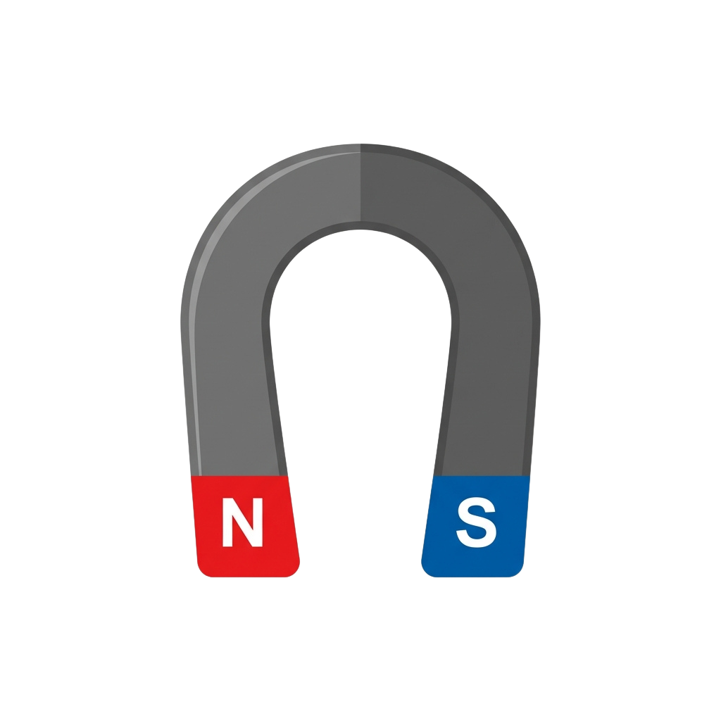 A gray horseshoe magnet with the north pole marked in red and the south pole marked in blue
