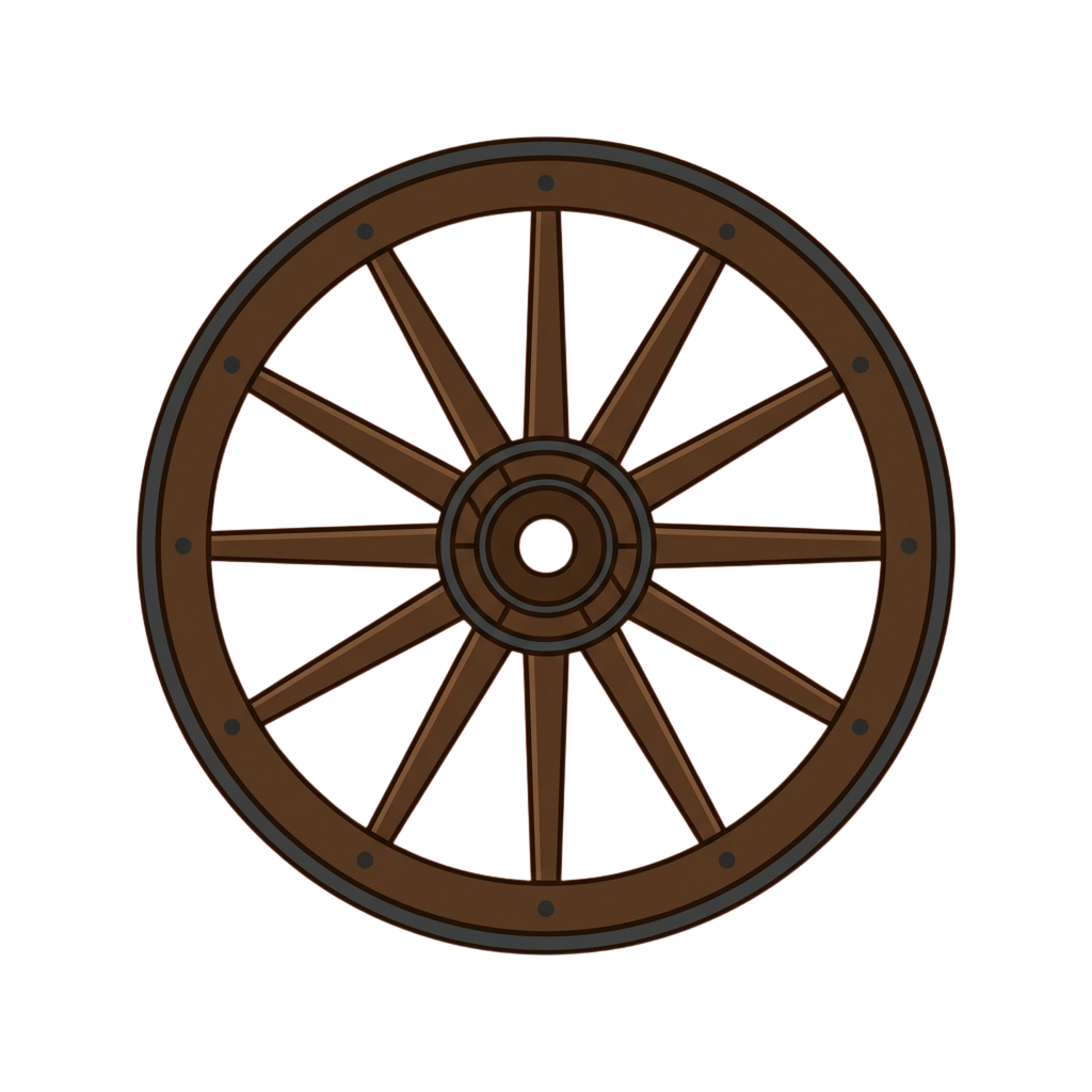 A detailed illustration of a wooden wagon wheel with metal rim and bolts