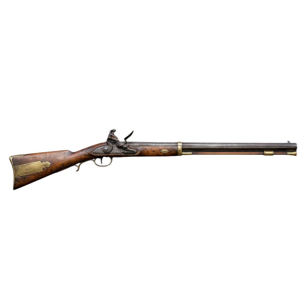 An antique flintlock musket featuring a wooden stock with brass accents and detailed engravings, displayed horizontally against a black background.