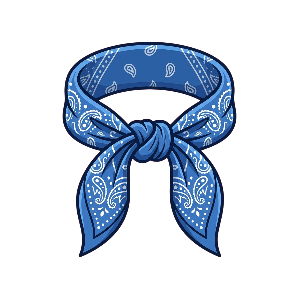 A blue bandana with white paisley patterns tied in a bow knot