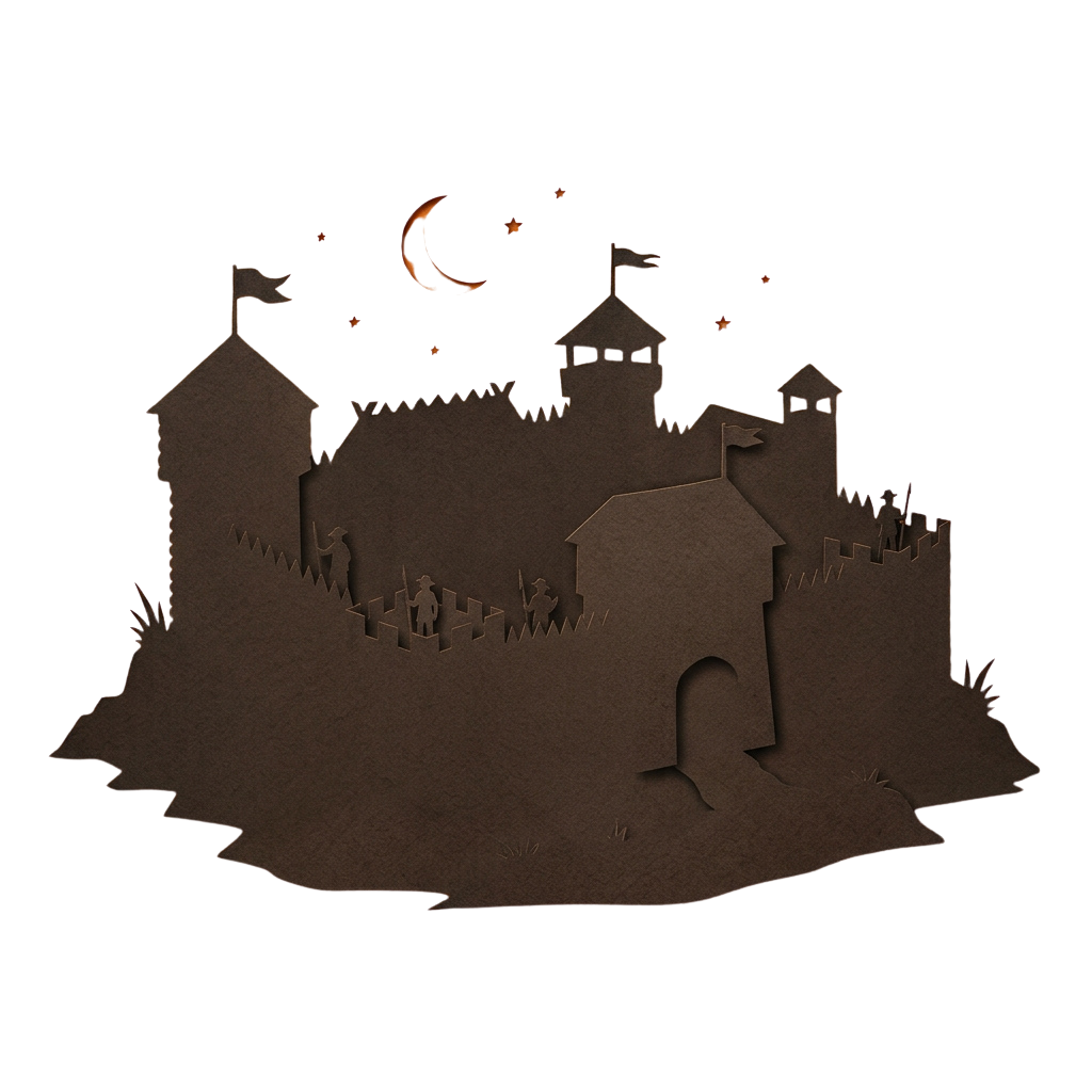 A dark silhouette of a medieval castle with a crescent moon and stars in the background.