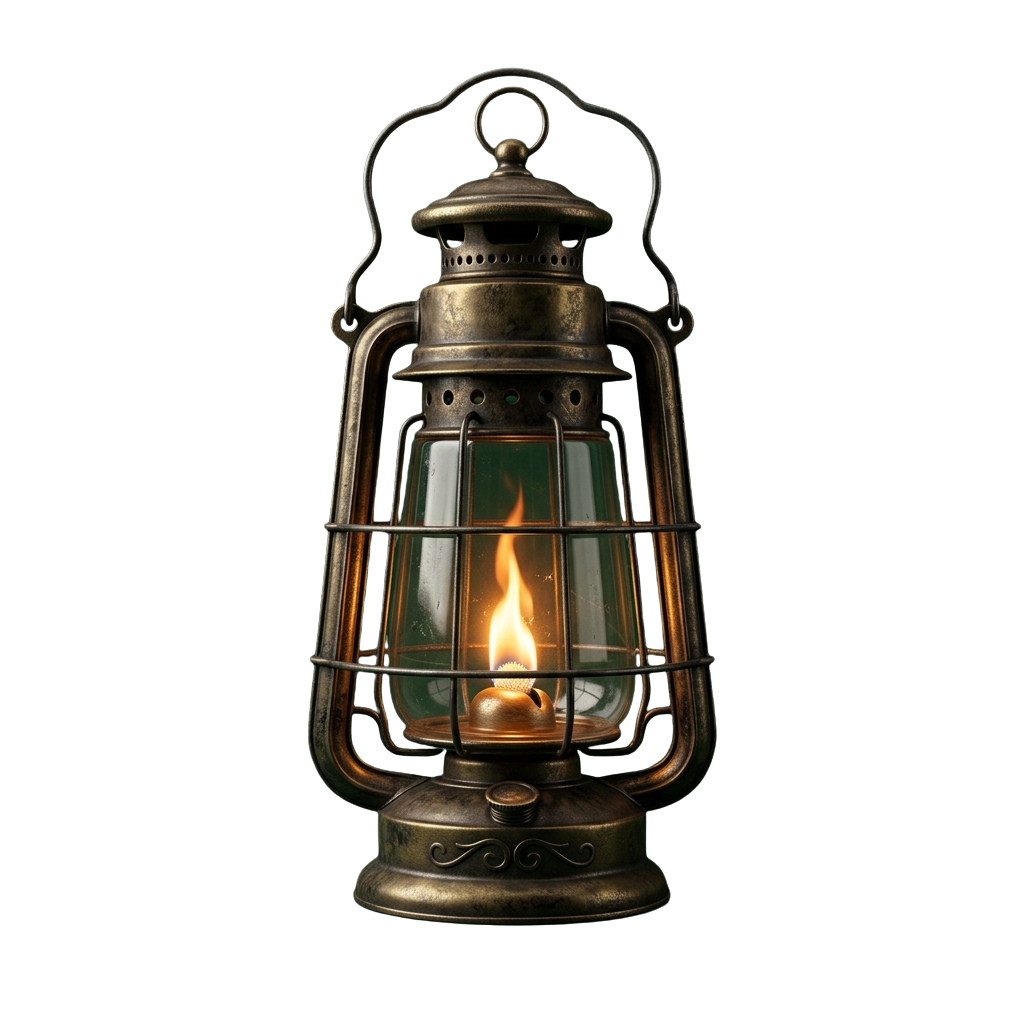 An antique-style oil lantern with a visible flame inside, emitting warm light.