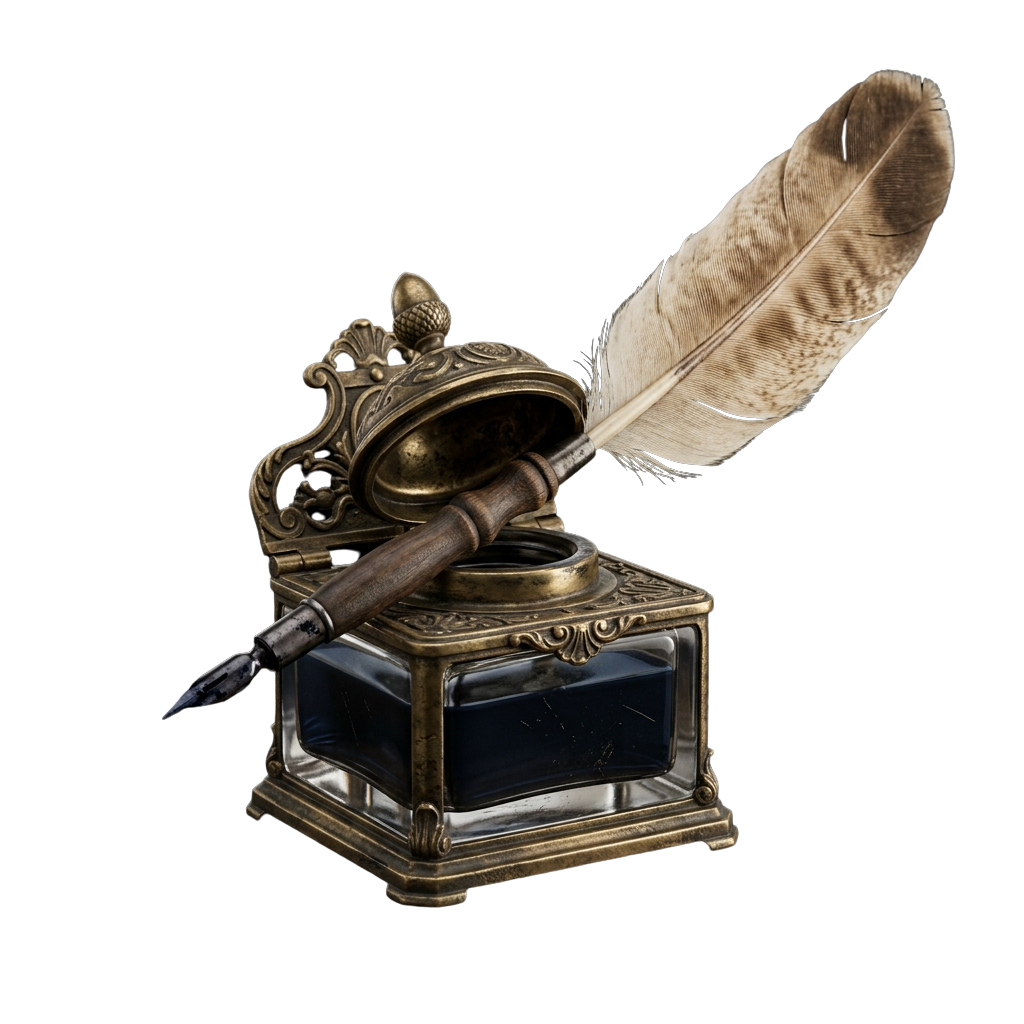 Decorative brass quill pen holder with a feather resting on top and an inkwell base