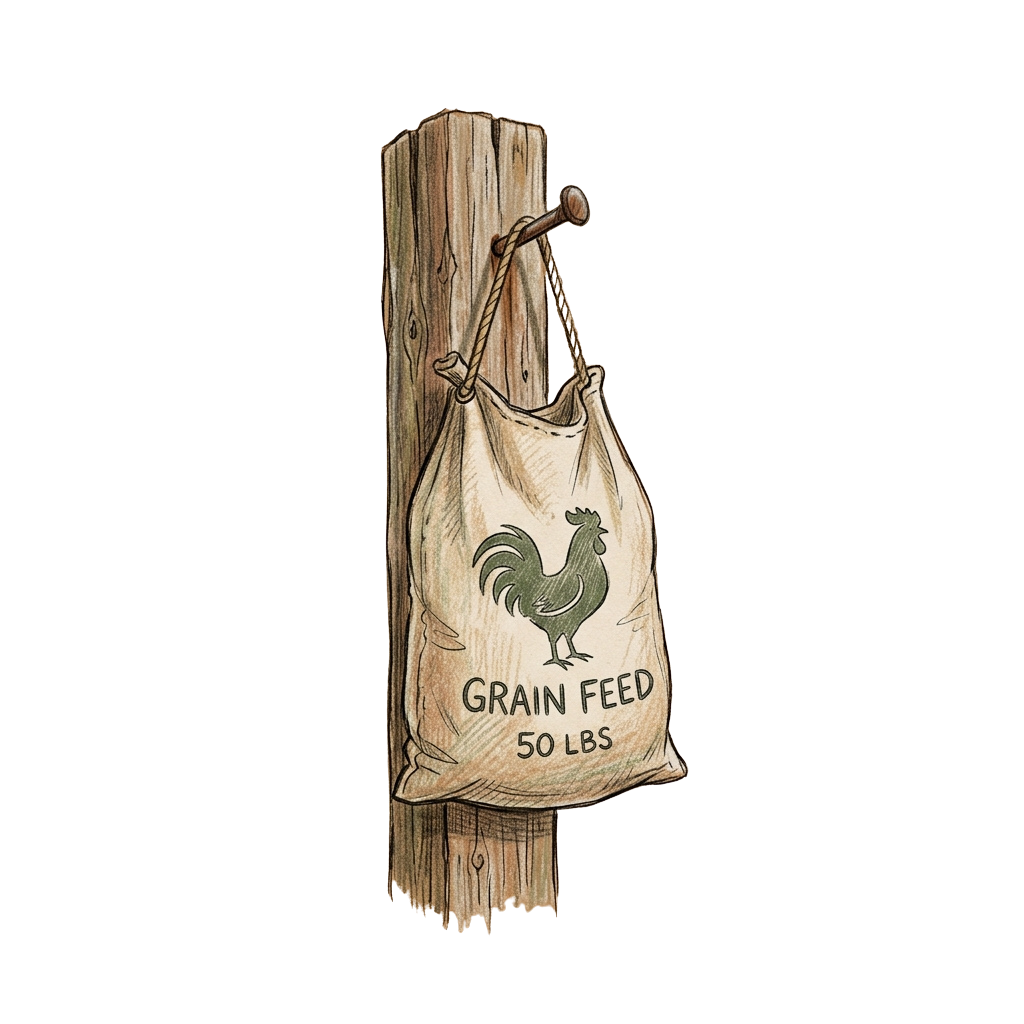 Illustration of a 50-pound grain feed sack hanging from a wooden post with a rooster graphic on the bag
