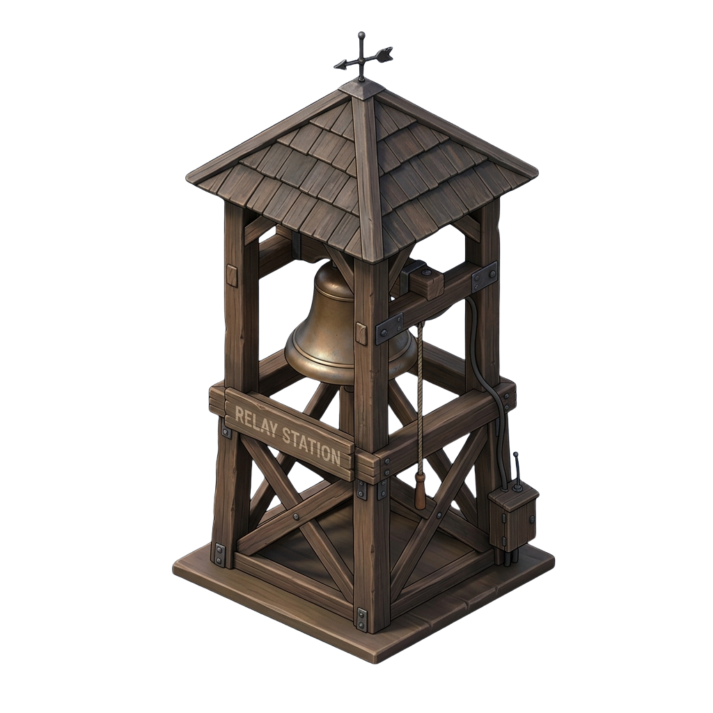 A detailed wooden model of a bell tower labeled Relay Station with a shingled roof and a large hanging bell