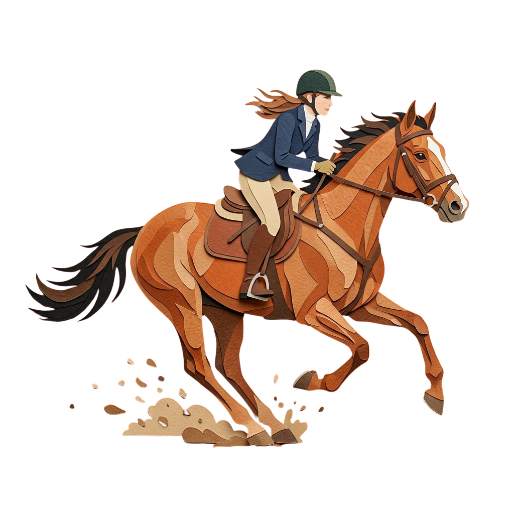 Illustration of a rider in equestrian attire galloping a brown horse on a dirt path