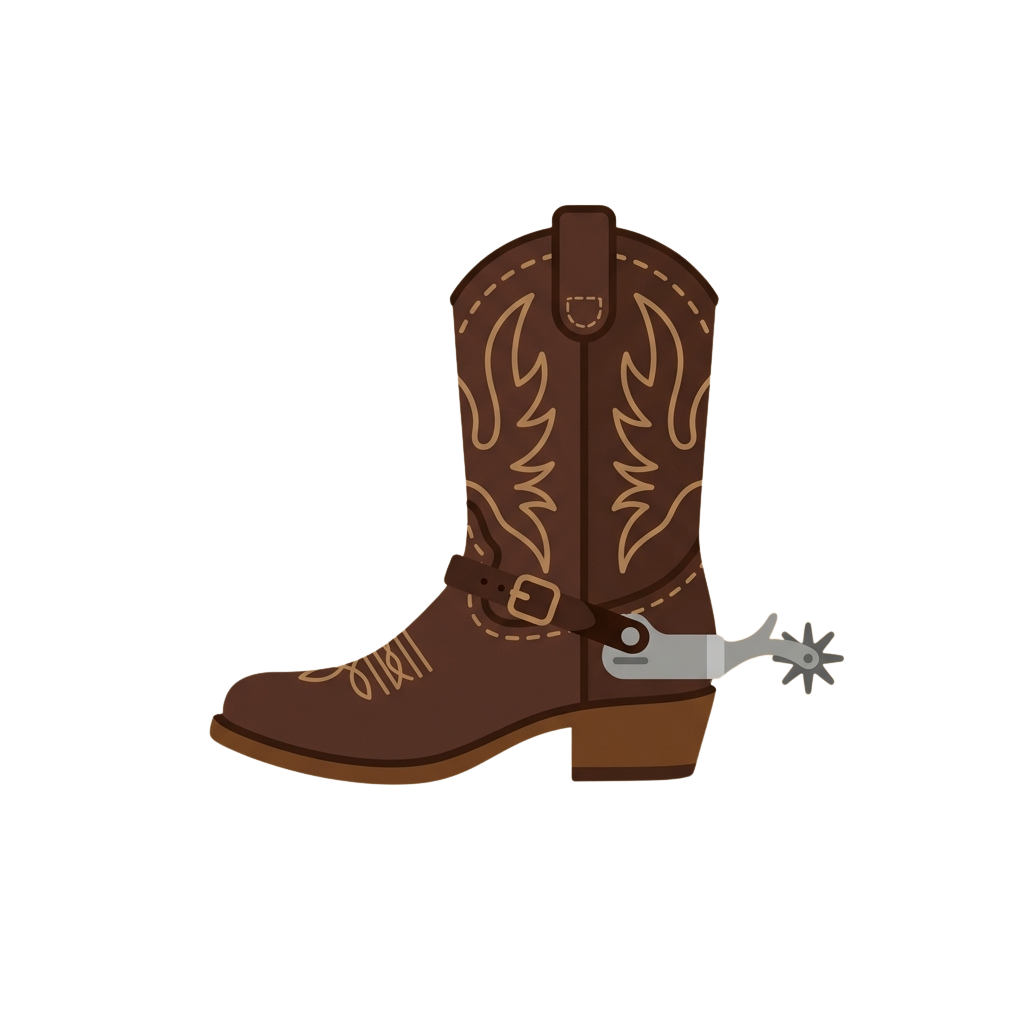 A brown cowboy boot featuring decorative stitching and a silver spur attached to the heel