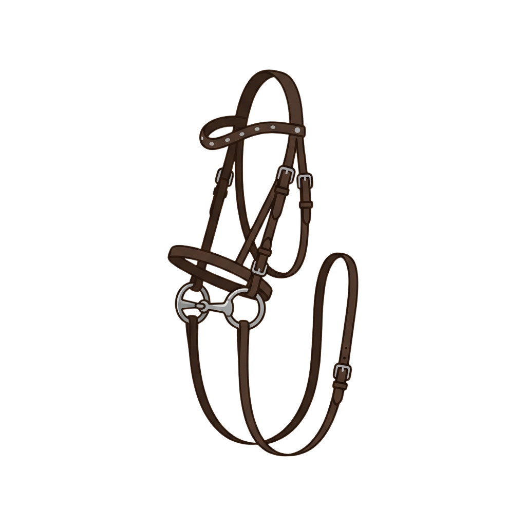 A brown leather horse bridle featuring metal rings and buckles, displayed against a dark background