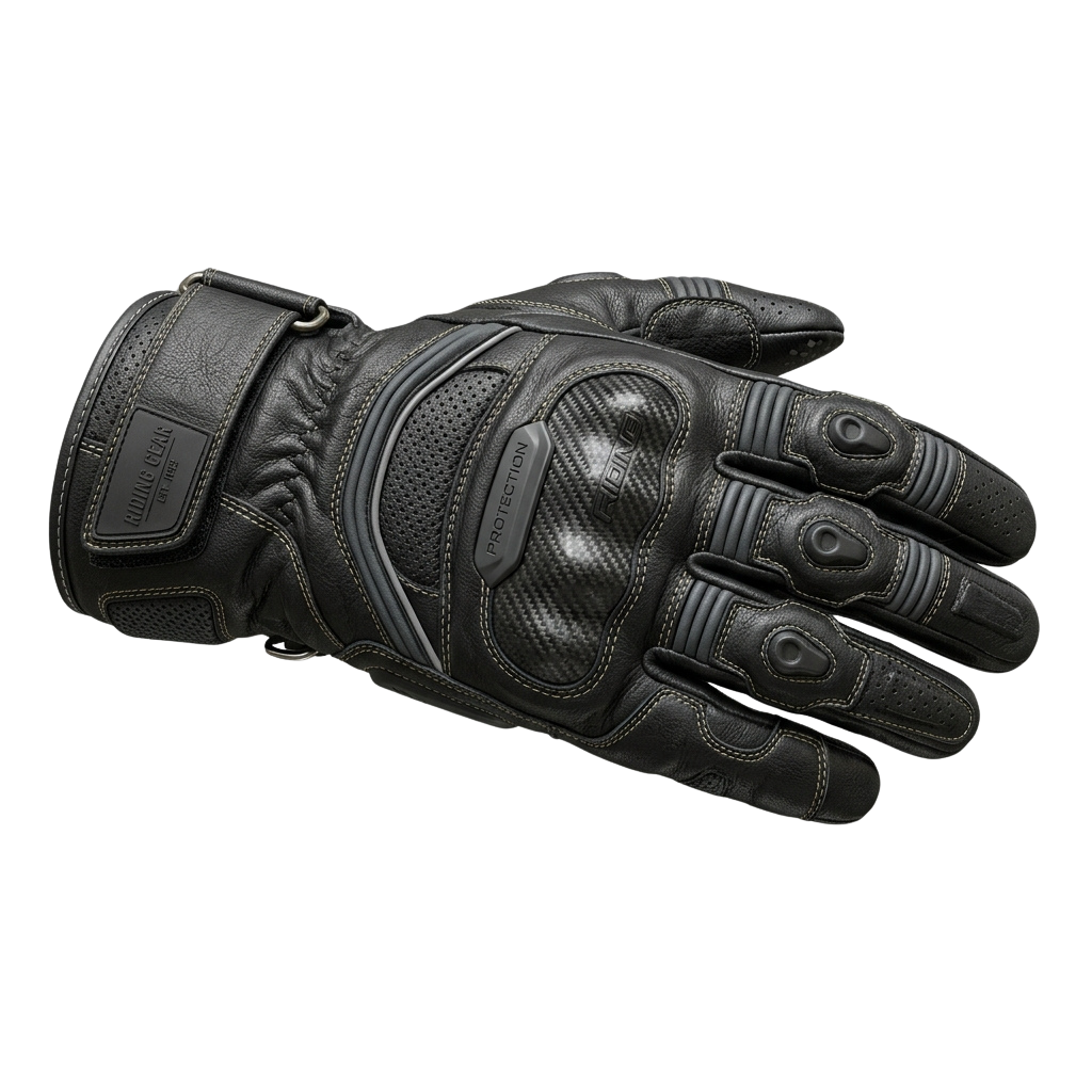 Black motorcycle glove featuring reinforced knuckle protection and padded palm area