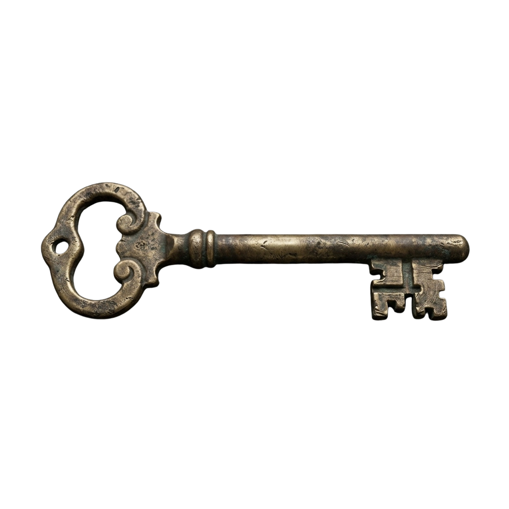 An antique-style metal key featuring a decorative bow and detailed bit