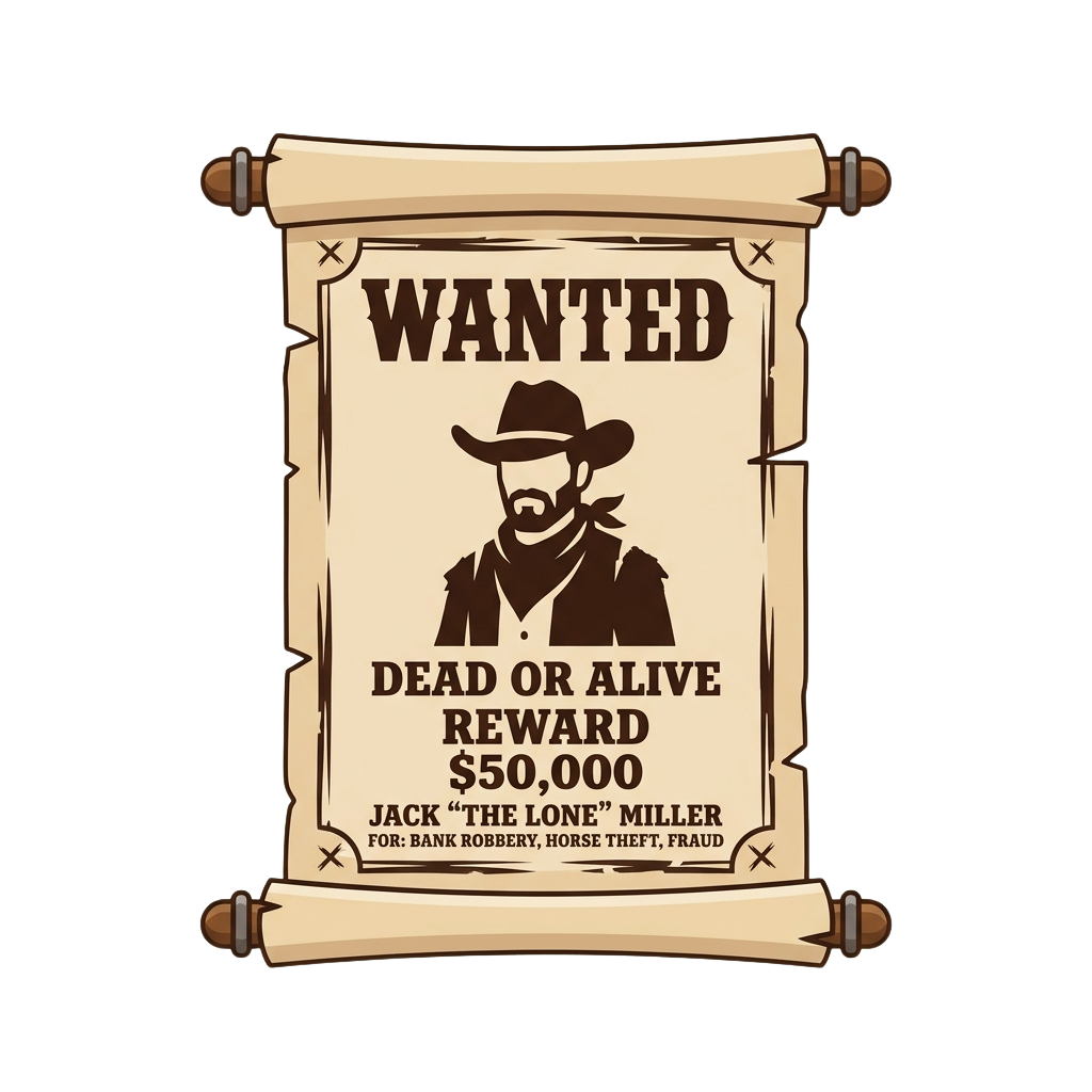 Vintage wanted poster with cowboy illustration offering a 50000 reward dead or alive for crimes including robbery and theft
