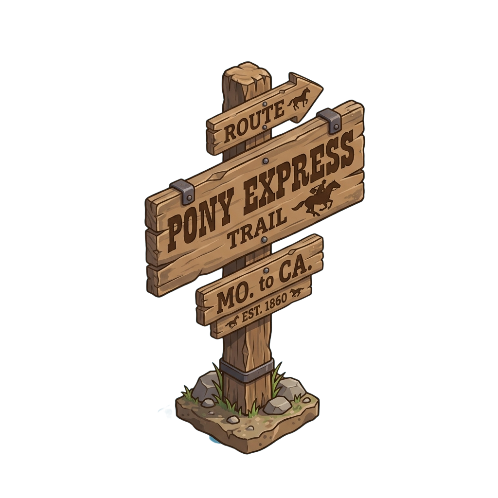 Wooden signpost indicating Pony Express Trail route from Missouri to California with horse icons and establishment year 1860