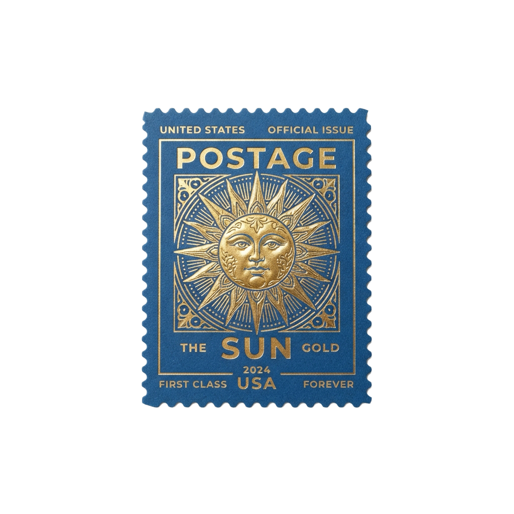 A blue USPS postage stamp featuring a golden sun face design labeled The Sun Gold 2024.