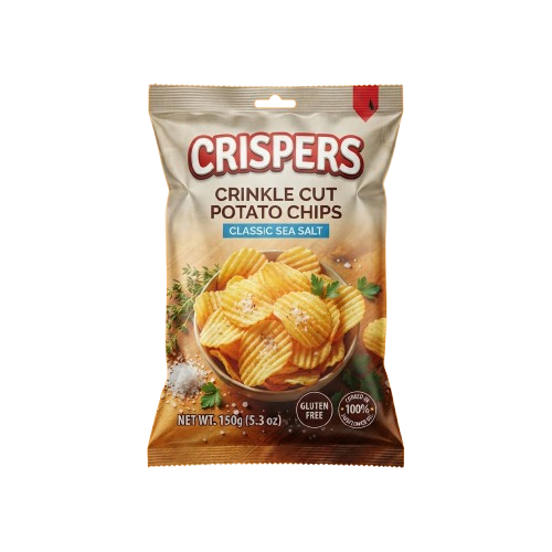 A bag of crinkle cut potato chips flavored with classic sea salt, showing golden chips inside the packaging.