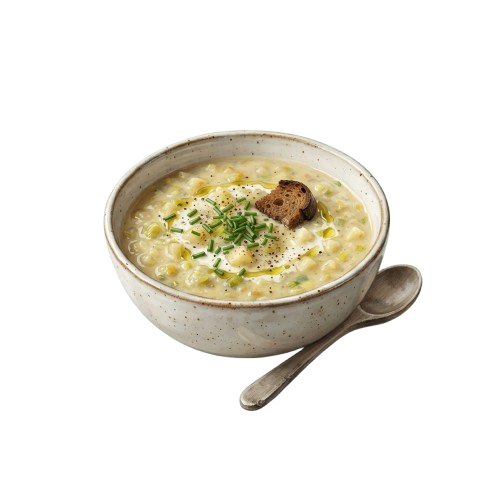A white bowl filled with creamy mushroom and corn chowder garnished with green onions and a piece of toasted bread, with a spoon resting inside.