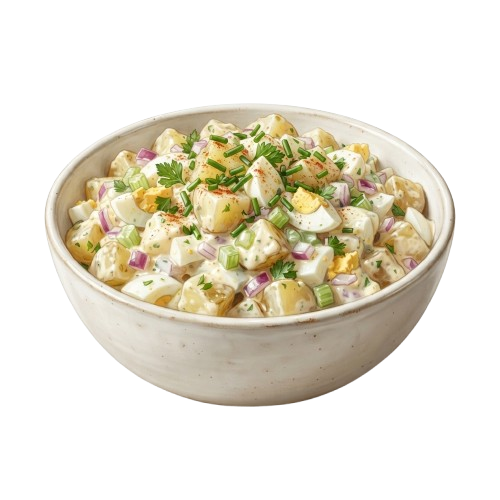 A white bowl filled with creamy potato salad topped with chopped herbs and red onions